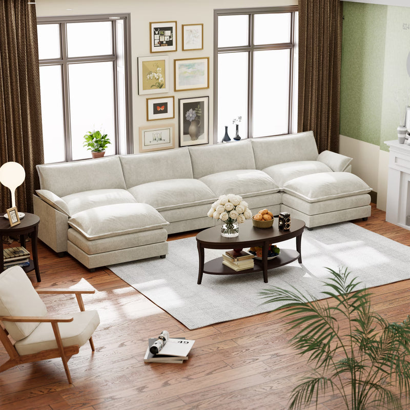 U-Shape 4 Seat Sectional Sofa with Chaise Lounge Convertible Sofa Set for Living Room,White