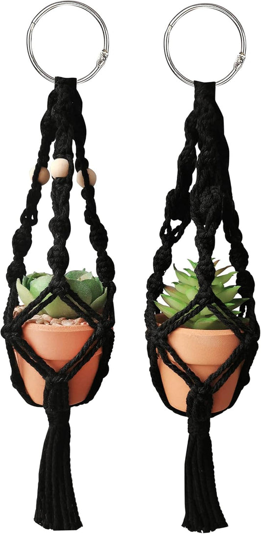 Car Hanging Accessories, 2Mini Macrame Plant Hangers with 2Terracotta Pots & Faux Plants, Black, Boho Style, Unisex-Adults
