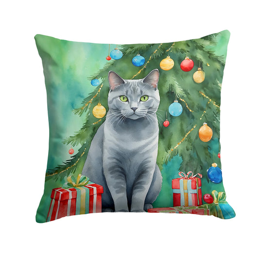 Chartreux Cat by the Christmas Tree Throw Pillow