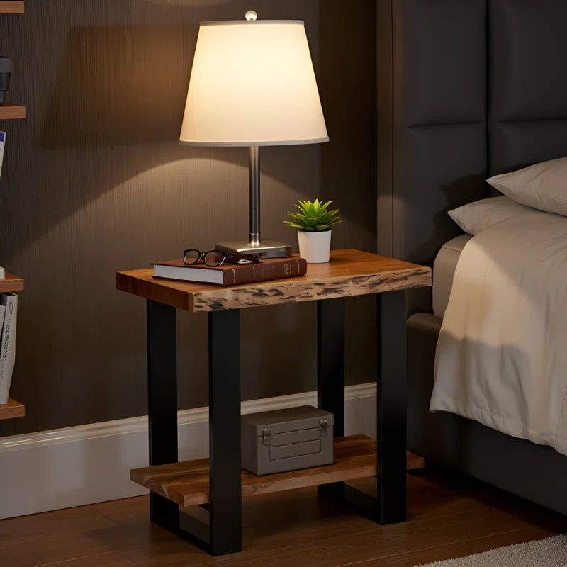 Alpine 27-Inch Solid Acacia Wood 2-Tier Modern Industrial End/Side Table with Live Edge Design