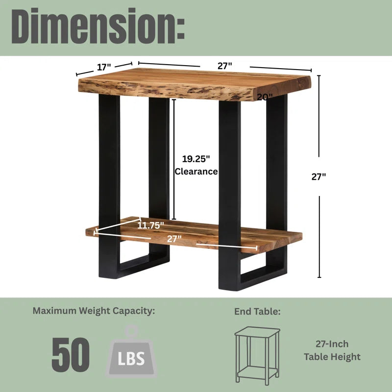 Alpine 27-Inch Solid Acacia Wood 2-Tier Modern Industrial End/Side Table with Live Edge Design