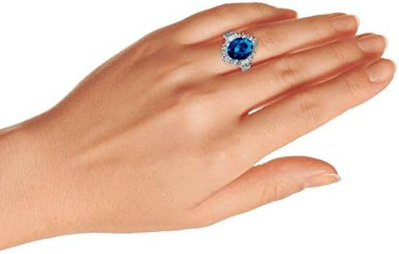 Personalize Vintage Art Deco Style Cocktail Ring with Large Oval Solitaire AAA CZ Baguette Halo Simulated Sapphire Blue Green - 5-15 CTW Customizable