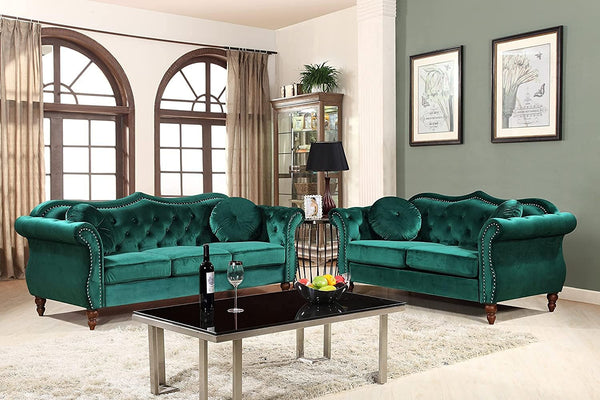 Anna1 Chesterfield Velvet Couches for Living Room, Button Tufted Luxury Upholstery with Rolled Arms, High-Density Foam, Durable Wood Frame, Sofa & Loveseat, Green