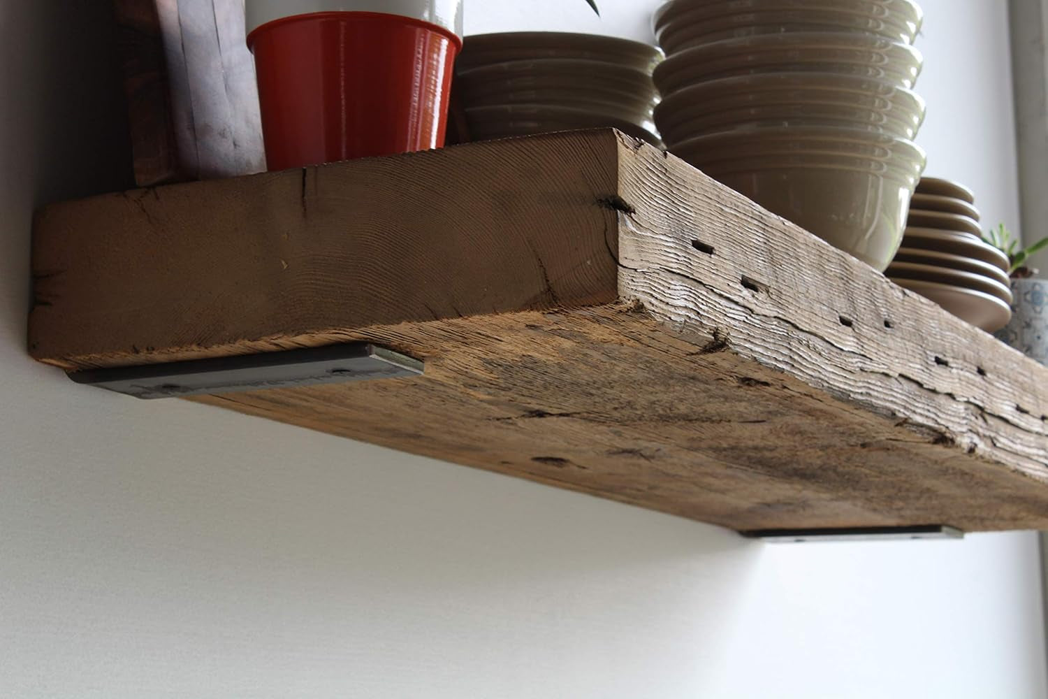 Reclaimed Barn Beam Deep Shelves | Deep Shelves with Brackets Included, Set of 2 | (Natural Low Profile Bracket, 36" X 11.5" X 3")