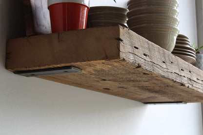 Reclaimed Barn Beam Deep Shelves | Deep Shelves with Brackets Included, Set of 2 | (Natural Low Profile Bracket, 36" X 11.5" X 3")