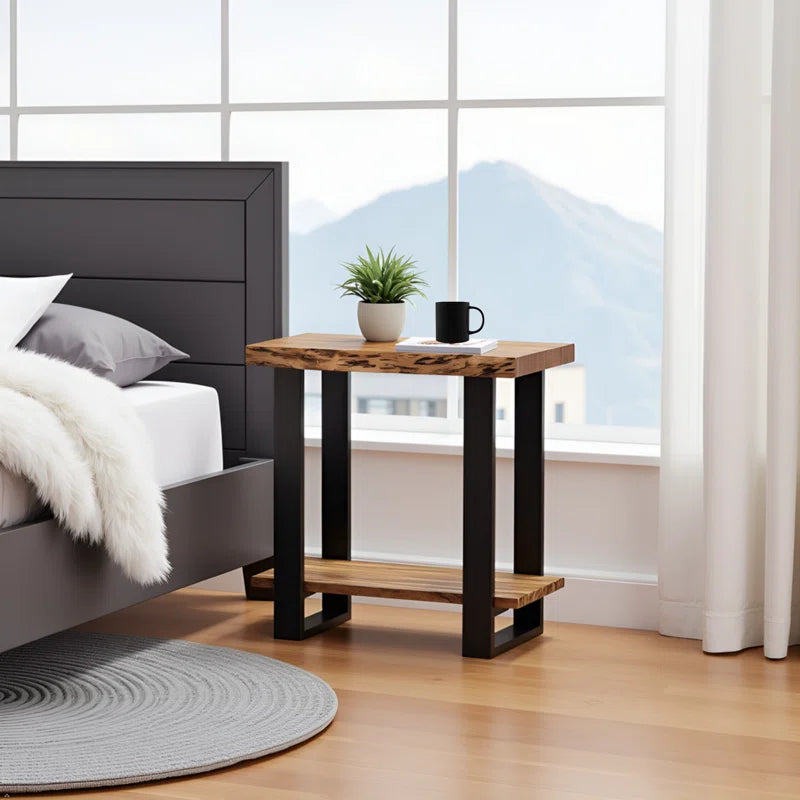 Alpine 27-Inch Solid Acacia Wood 2-Tier Modern Industrial End/Side Table with Live Edge Design
