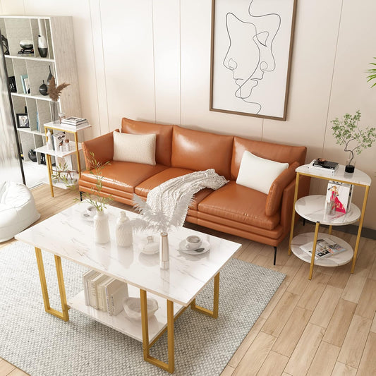 Faux Marble Coffee Table Set of 3,Rectangle Coffeetable and 2 Endtables,Modern Living Roomtablesets with Storage Shelves & Metal Frame for Small Spaces|Apartment|Easy Assembly|White & Gold