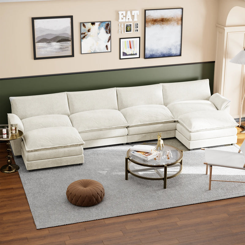 U-Shape 4 Seat Sectional Sofa with Chaise Lounge Convertible Sofa Set for Living Room,White