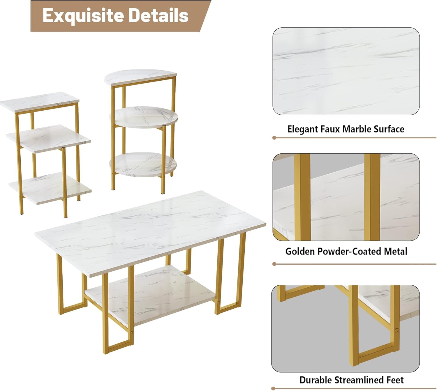 Faux Marble Coffee Table Set of 3,Rectangle Coffeetable and 2 Endtables,Modern Living Roomtablesets with Storage Shelves & Metal Frame for Small Spaces|Apartment|Easy Assembly|White & Gold