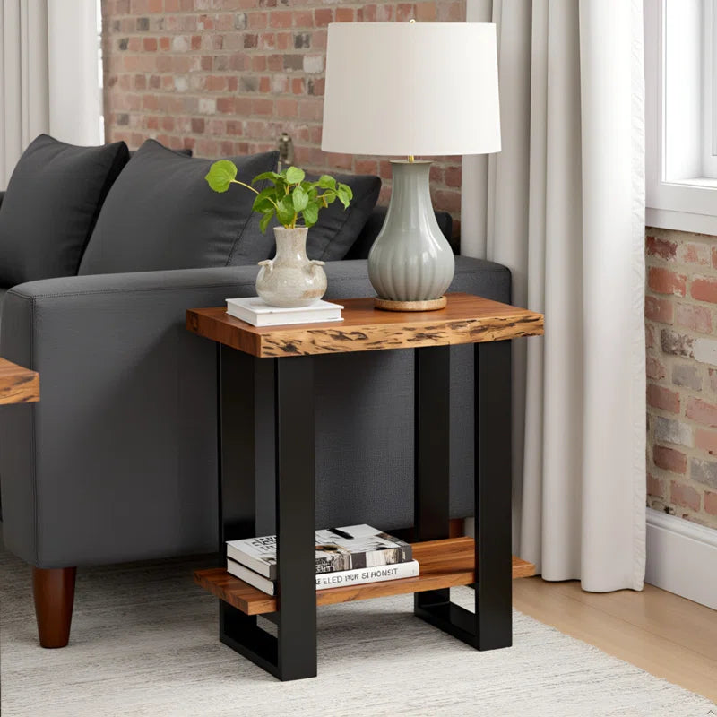 Alpine 27-Inch Solid Acacia Wood 2-Tier Modern Industrial End/Side Table with Live Edge Design