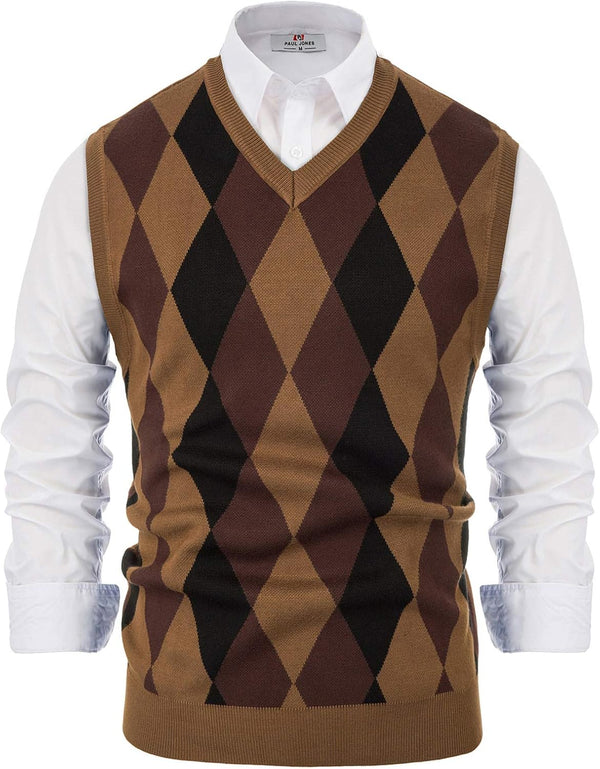 Mens Slim Fit Argyle/Plain V-Neck Sleeveless Pullover Sweater Vest Brown XL