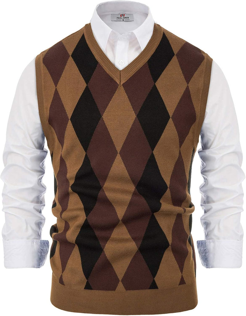Mens Slim Fit Argyle/Plain V-Neck Sleeveless Pullover Sweater Vest Brown XL