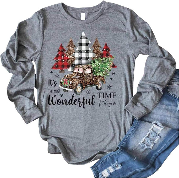 Womens Merry Christmas Shirts Buffalo Plaid Leopard Print Christmas Tree Truck Santa Graphic Xmas Holiday Tee Shirt