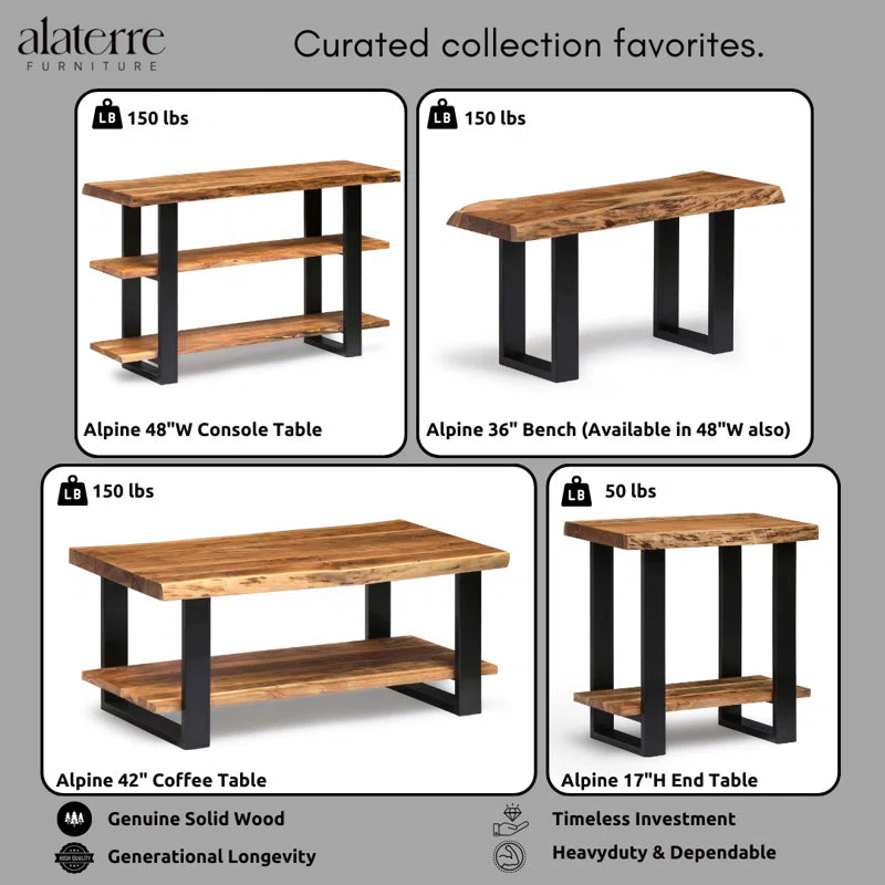 Alpine 27-Inch Solid Acacia Wood 2-Tier Modern Industrial End/Side Table with Live Edge Design