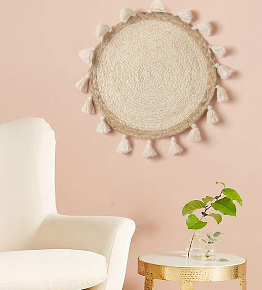 Boho Wall Decor Circle Wall Decor Basket Macrame Wall Hanging round Straw Living Room Wall Home Décor,12"