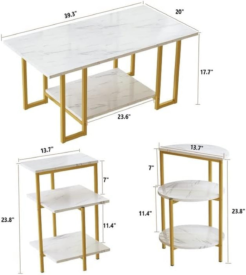 Faux Marble Coffee Table Set of 3,Rectangle Coffeetable and 2 Endtables,Modern Living Roomtablesets with Storage Shelves & Metal Frame for Small Spaces|Apartment|Easy Assembly|White & Gold