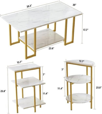 Faux Marble Coffee Table Set of 3,Rectangle Coffeetable and 2 Endtables,Modern Living Roomtablesets with Storage Shelves & Metal Frame for Small Spaces|Apartment|Easy Assembly|White & Gold