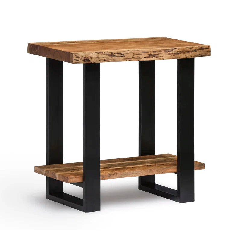Alpine 27-Inch Solid Acacia Wood 2-Tier Modern Industrial End/Side Table with Live Edge Design