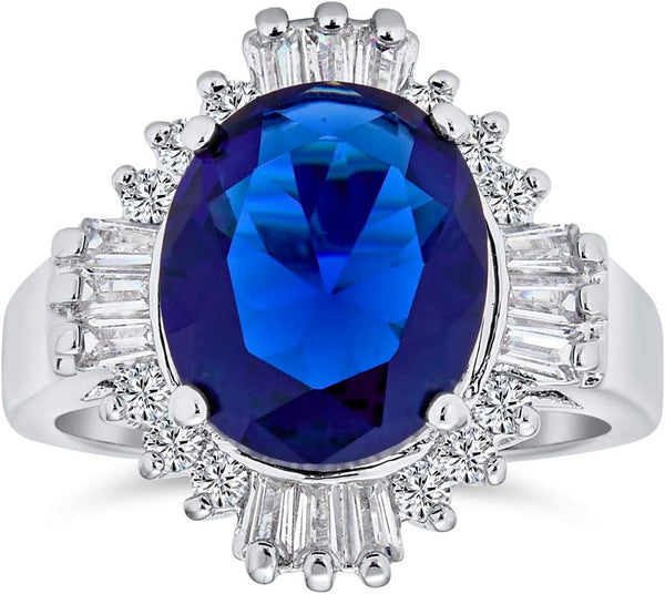Personalize Vintage Art Deco Style Cocktail Ring with Large Oval Solitaire AAA CZ Baguette Halo Simulated Sapphire Blue Green - 5-15 CTW Customizable