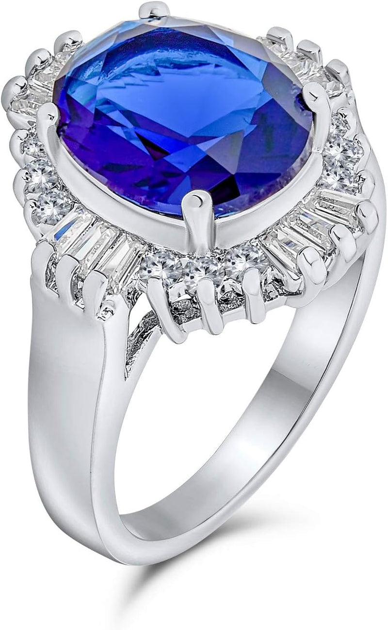 Personalize Vintage Art Deco Style Cocktail Ring with Large Oval Solitaire AAA CZ Baguette Halo Simulated Sapphire Blue Green - 5-15 CTW Customizable