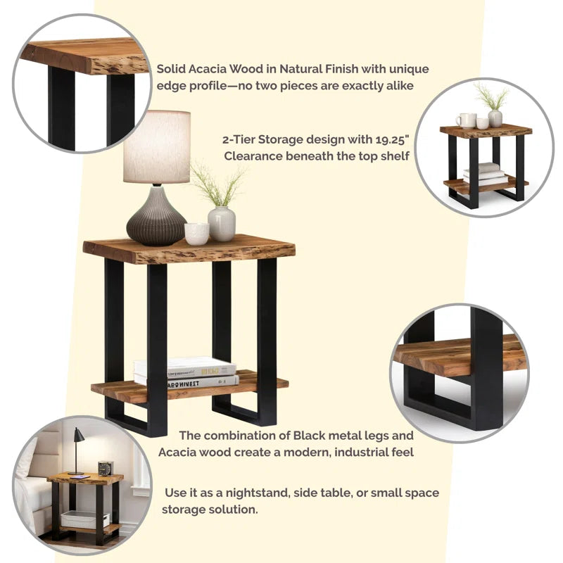 Alpine 27-Inch Solid Acacia Wood 2-Tier Modern Industrial End/Side Table with Live Edge Design