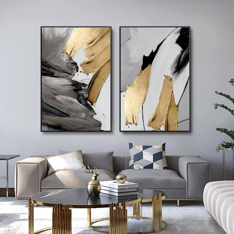 Transform Your Space with 3PCS Frameless Luxury Abstract Gray and Golden Canvas Wall Art - Perfect for Loft Apartments, Living Rooms, and Home Offices