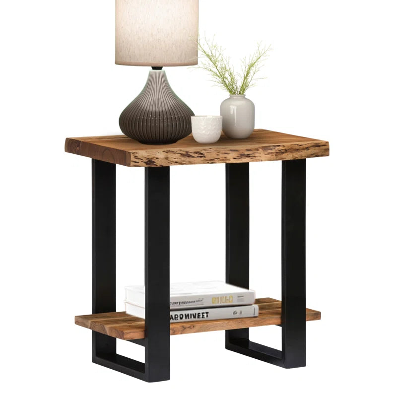 Alpine 27-Inch Solid Acacia Wood 2-Tier Modern Industrial End/Side Table with Live Edge Design