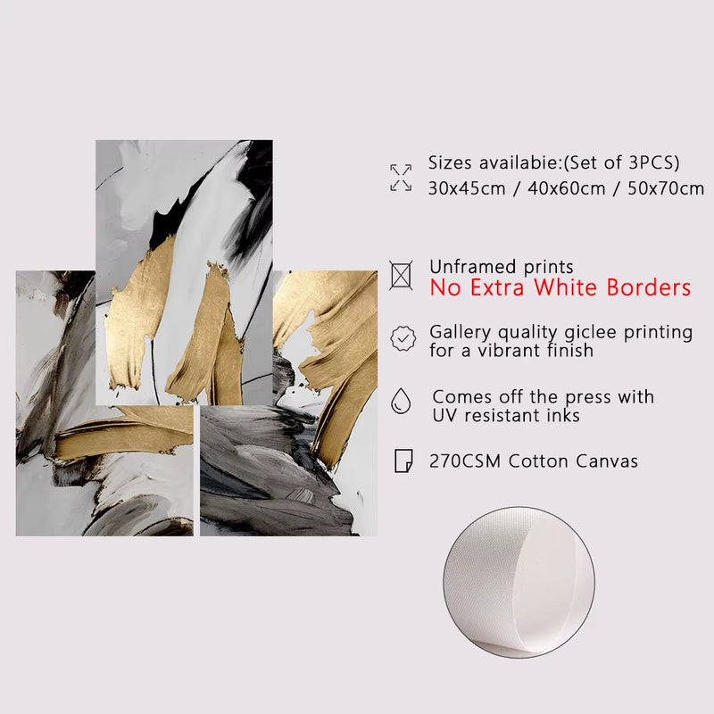 Transform Your Space with 3PCS Frameless Luxury Abstract Gray and Golden Canvas Wall Art - Perfect for Loft Apartments, Living Rooms, and Home Offices