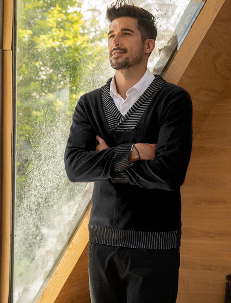 Men Casual Knitted Sweaters Shawl Collar Dress Sweater Long Sleeve V-Neck Pullover Tops