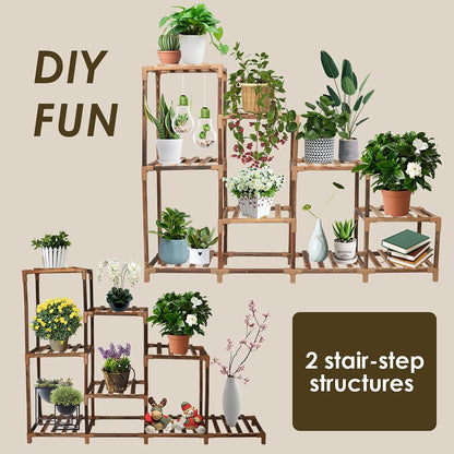 Plant Stands for Indoor Plants Multiple Outdoor Large Wood Plant Shelf Indoor 9-Tier 10 Potted Plant Shelves Multi Tier Wooden Plant Stand Indoor for Living Room Balcony Garden Lawn Patio( 31"Hbrown)