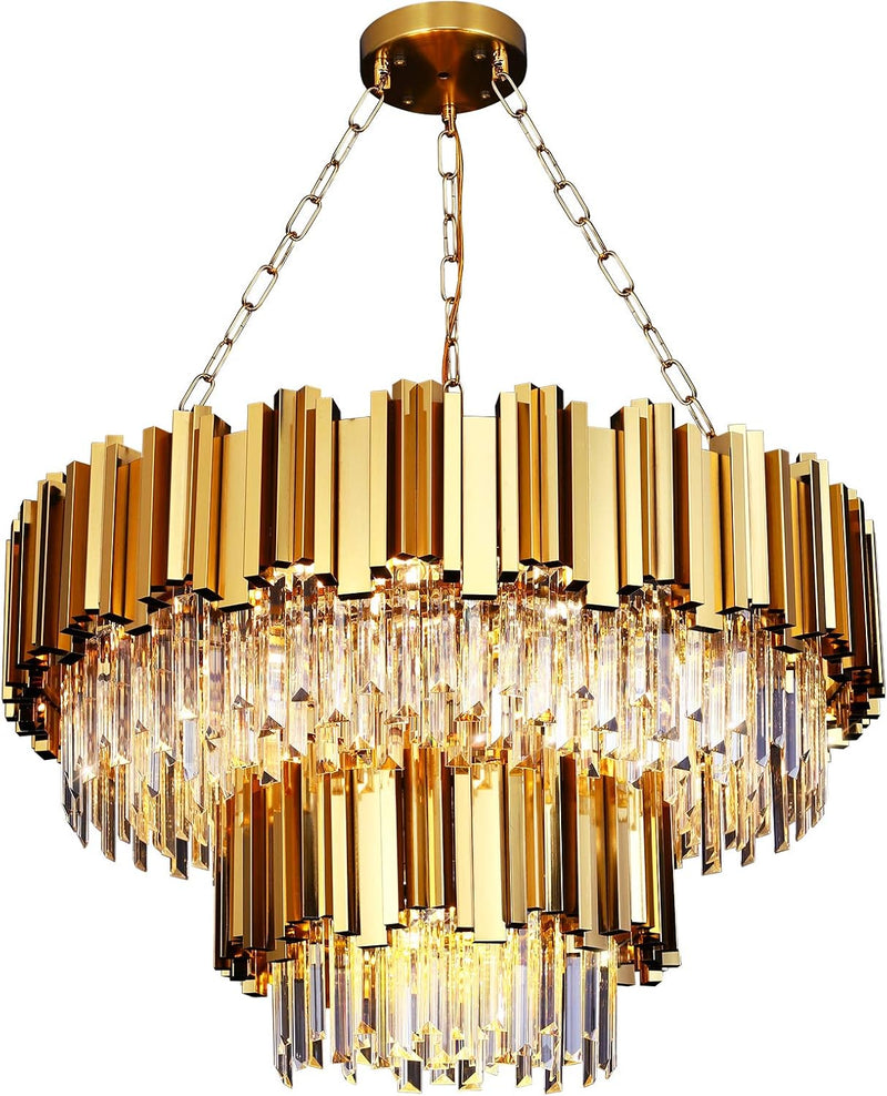 Modern Crystal Chandeliers, Luxury Gold Chandelier Light Fixture, Large round Chandelier, 2-Tier Raindrop Pendant Chandelier for Living Room, Dining Room Living Room