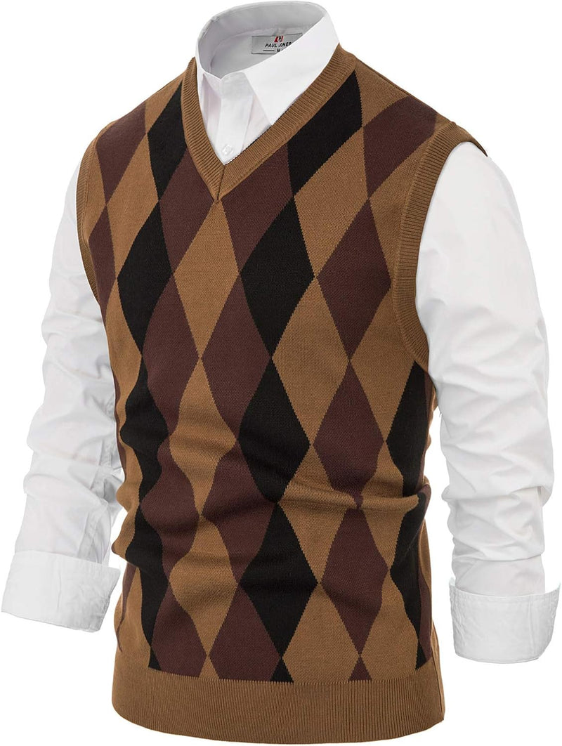 Mens Slim Fit Argyle/Plain V-Neck Sleeveless Pullover Sweater Vest Brown XL
