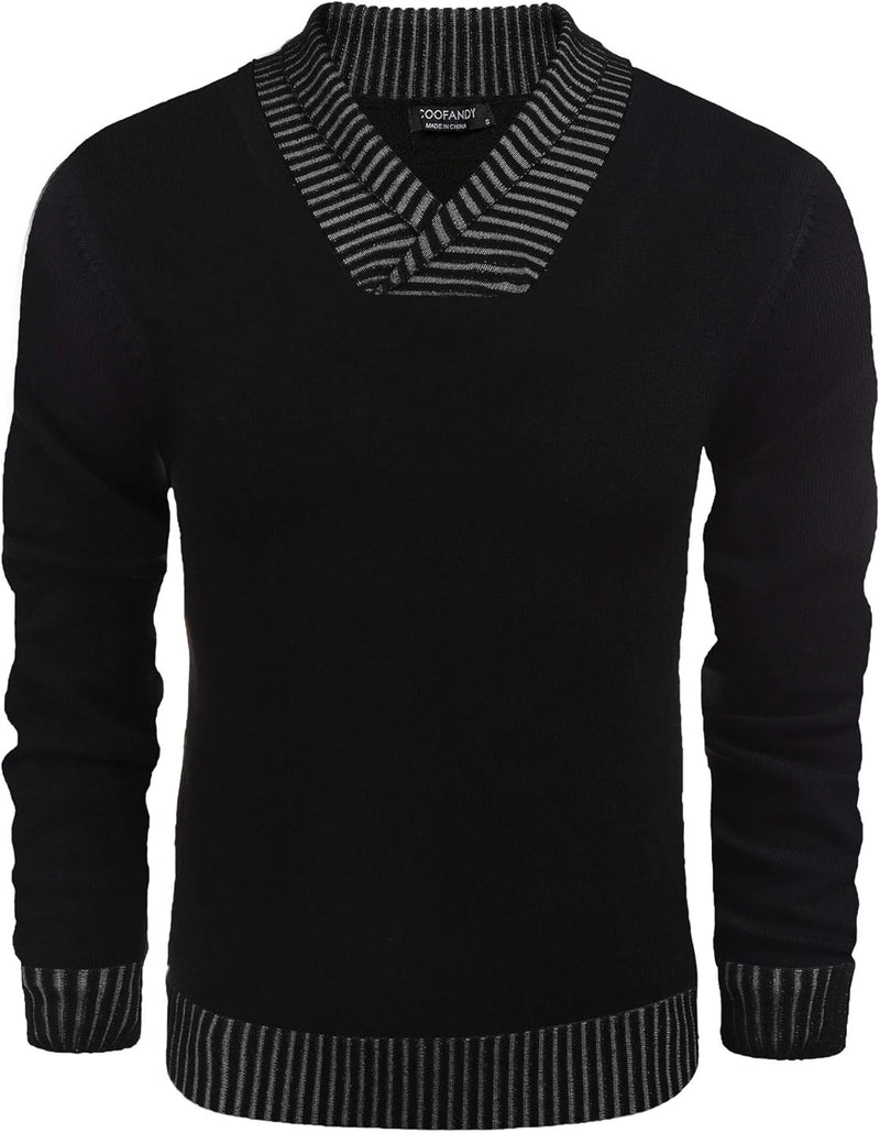 Men Casual Knitted Sweaters Shawl Collar Dress Sweater Long Sleeve V-Neck Pullover Tops