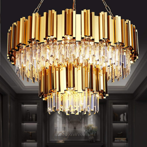 Modern Crystal Chandeliers, Luxury Gold Chandelier Light Fixture, Large round Chandelier, 2-Tier Raindrop Pendant Chandelier for Living Room, Dining Room Living Room