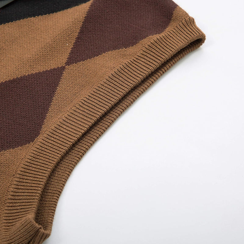 Mens Slim Fit Argyle/Plain V-Neck Sleeveless Pullover Sweater Vest Brown XL