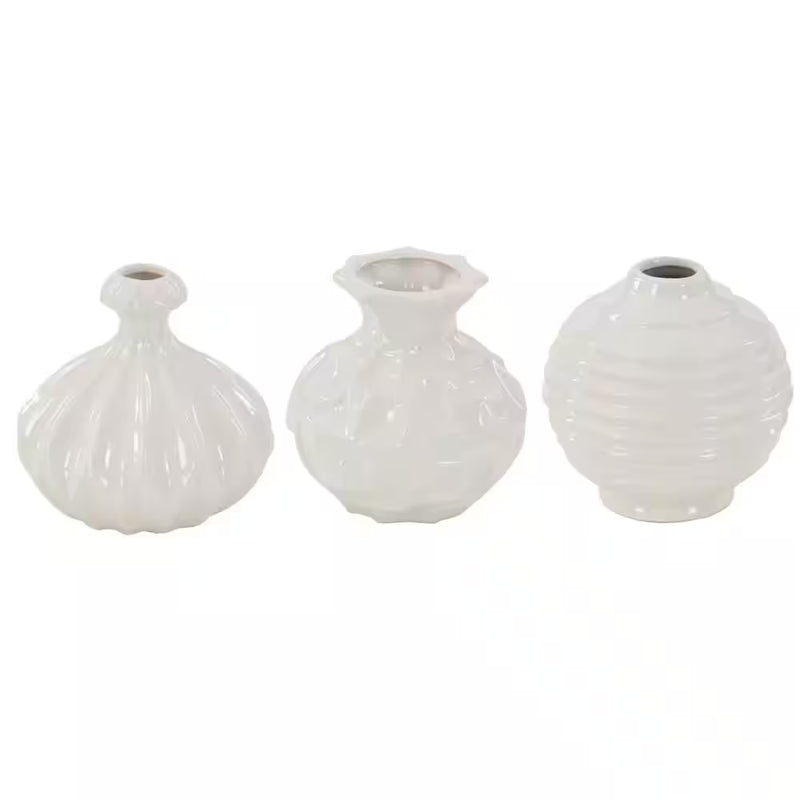 6 In., 6 In. White Ceramic Decorative Vase with Varying Patterns (Set of 3)