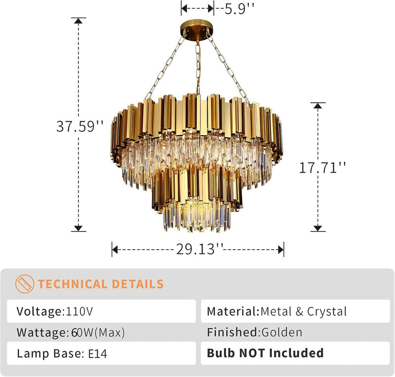 Modern Crystal Chandeliers, Luxury Gold Chandelier Light Fixture, Large round Chandelier, 2-Tier Raindrop Pendant Chandelier for Living Room, Dining Room Living Room